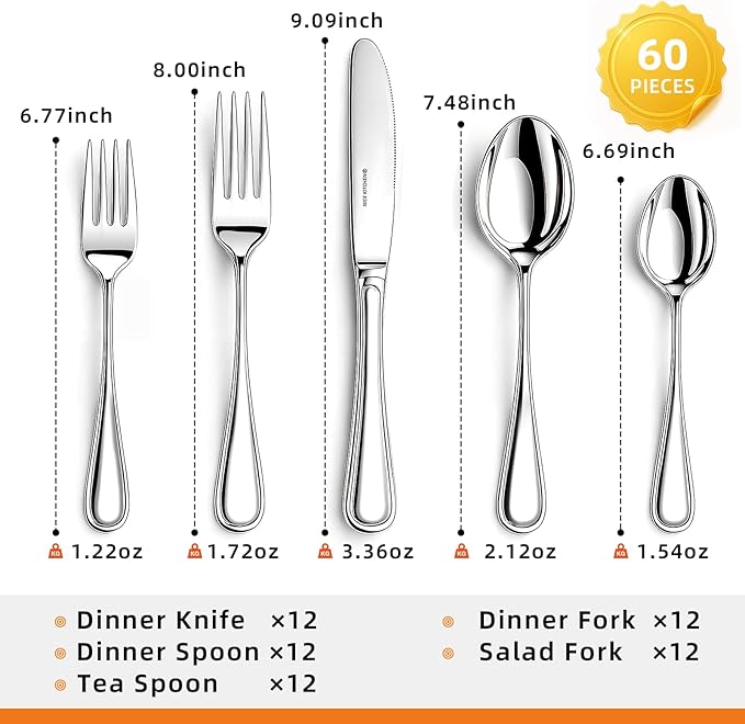 Silverware set for 12,60 Pieces Premium Stainless Steel Silverware set,Mirror Polished Cutlery Set,Flatware Set for 12,Dishwasher Safe,Luster Series