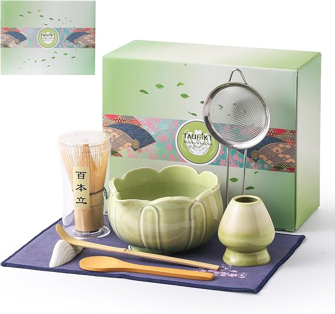 Matcha Whisk Set, Ceramic Matcha Set 8 Pcs, Matcha Kit Set Includes Matcha Bowl, Matcha Whisk and Holder, Bamboo Scoop and Rest, Sifter and Tea Towel, Ideal Gift for Family/Friend (Green)