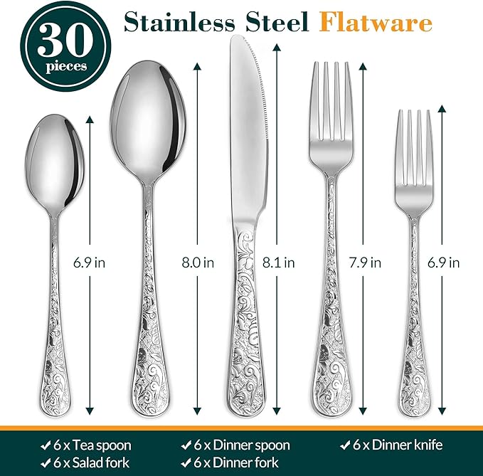 Silverware Set, 30 Pieces Vintage Carved Flatware Set for 6, Stainless Steel Cutlery Set with Knife/Fork/Spoon,Utensil Set for Home and Kitchen, Dishwasher Safe