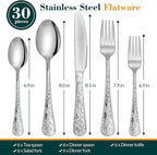 Silverware Set, 30 Pieces Vintage Carved Flatware Set for 6, Stainless Steel Cutlery Set with Knife/Fork/Spoon,Utensil Set for Home and Kitchen, Dishwasher Safe