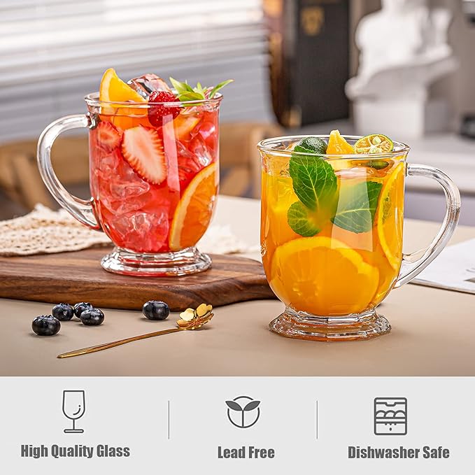 Glass Coffee Mugs Set of 2, 22 oz Large Capacity Glass Mugs with Handles, Clear Coffee Mug with 2 Spoons, Ideal for Latte, Espresso, Juice, Tea