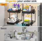 Sevenblue 2 Pack Double Sliding Under Sink Organizers and Storage, 2 Tier Under Bathroom Cabinet Shelf Organizer with Hooks Hanging Cup, Home Organization, Black