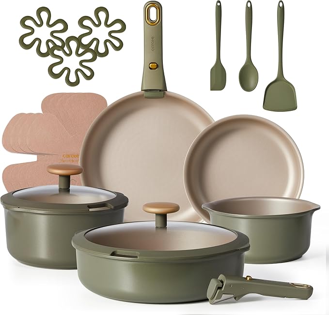 CAROTE 19Pcs Titanium Reinforced Nonstick Pots and Pans Set, Nonstick Cookware Set with Detachable Handle, Gold-Trimmed Cookware Sets, Removable Handles, Induction, Dishwasher Safe, Oven Safe, Green