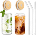 WISIMMALL Drinking Glasses with Bamboo Lids and Glass Straw 2PCS Set, 16oz Glass Cups with Lids and Straws, Beer, Iced Coffee Glasses, Soda, Gift 1 Cleaning Brushes