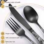 Matte Black Rose Flower Pattern Silverware Set for 8,OIULO 40-Piece Flatware set,18/0 Stain Finish Stainless Steel Decorative,Vintage Cutlery 8,Design Handle,Daily Party Event Serving Dishwasher Safe