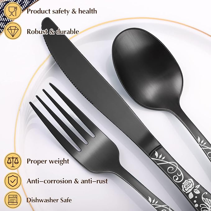 Matte Black Rose Flower Pattern Silverware Set for 8,OIULO 40-Piece Flatware set,18/0 Stain Finish Stainless Steel Decorative,Vintage Cutlery 8,Design Handle,Daily Party Event Serving Dishwasher Safe
