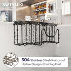 SWTYMIKI Sponge Holder for Kitchen Sink - Movable Kitchen Sink Caddy with M Shape Hook Stainless Steel Hanging Sponges Caddy Organizer in Double Bowl Sinks Depth>3.15in, Middle Divider<1.5in, Black L