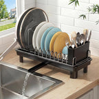 Small Dish Drying Rack Carbon Steel Dish Rack Rustproof for Kitchen Counter Compact Dish Drainer with Adjustable Slots for Small Kitchens & Apartments 16.5×6.5×7inch Black