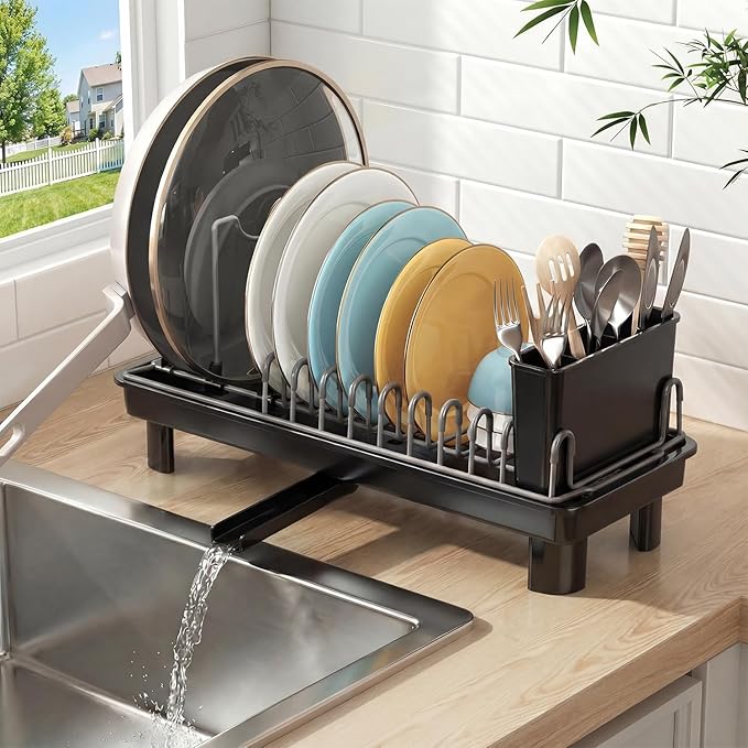 Small Dish Drying Rack Carbon Steel Dish Rack Rustproof for Kitchen Counter Compact Dish Drainer with Adjustable Slots for Small Kitchens & Apartments 16.5×6.5×7inch Black
