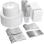I00000 700 Piece Silver Dinnerware Set for 100 Guests-100 Dinner Plates, 100 Dessert Plates, 100 Disposable Cups 10 oz, 100 Paper Napkins, 100 Plastic Silverware Set Perfect for Party & Wedding