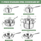 3 Ply Stainless Steel 11-Piece Cookware Set with Lids, Pots and Pans Kitchen Set, Non-Toxic, Induction, Oven, Dishwasher Safe, Professional Chef Quality