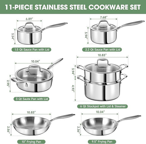 3 Ply Stainless Steel 11-Piece Cookware Set with Lids, Pots and Pans Kitchen Set, Non-Toxic, Induction, Oven, Dishwasher Safe, Professional Chef Quality