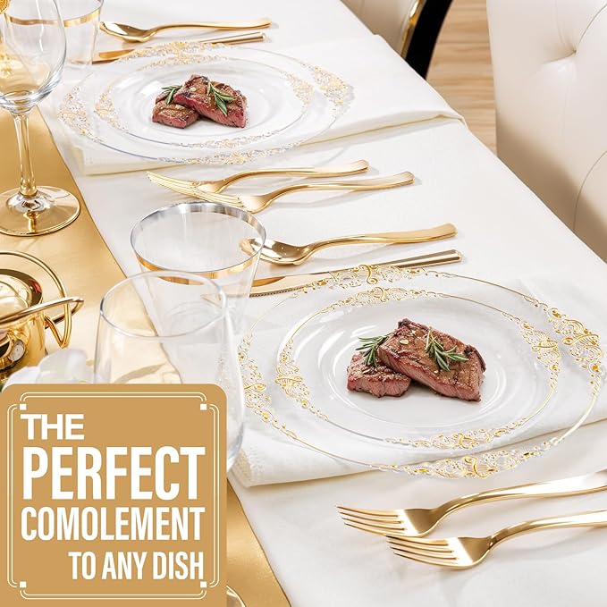 Hioasis 300pcsClear and Gold Plastic Plates - Disposable Dinnerware Set Perfect for 50 Guests include 50 Dinner Plate, 50 Dessert Plate, 50 Forks,50 Spoons, 50 Knives, 50 Cups (NO Napkins Included)