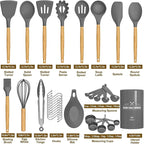 Umite Chef Kitchen Cooking Utensils Set, 33 pcs Non-stick Silicone Spatula Set with Holder, Woodle Handle Heat Resistant Gadgets Utensil (Gray)