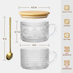 LANDNEOO 6 Pack 14oz Vintage Glass Coffee Mugs with Bamboo Lids and Spoons, Green Embossed Drinking Glasses for Iced Coffee, Tea, Latte