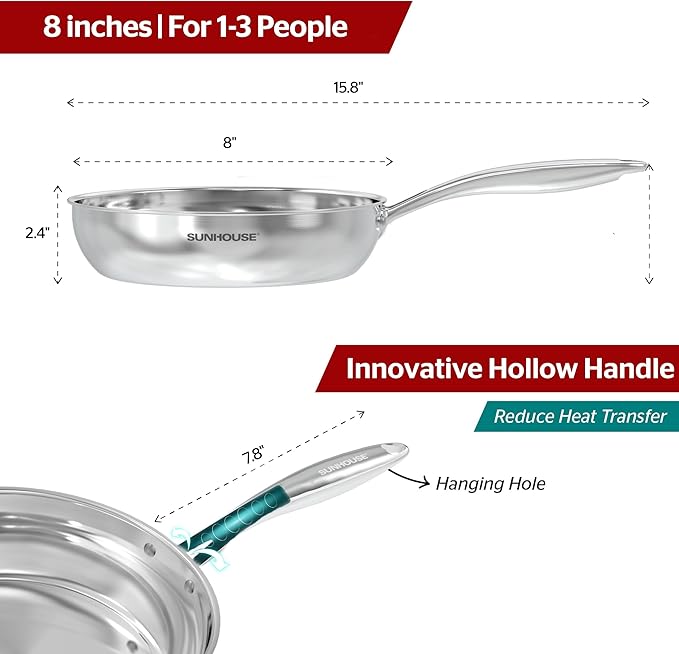 Sunhouse 8 Inch Tri-Ply Stainless Steel Frying Pan, Whole-Clad No Coatings Skillet with Stay-cool Handle for Cooking, Durable & Oven Safe to 500°F, Dishwasher Safe, Compatible with All Cooktops