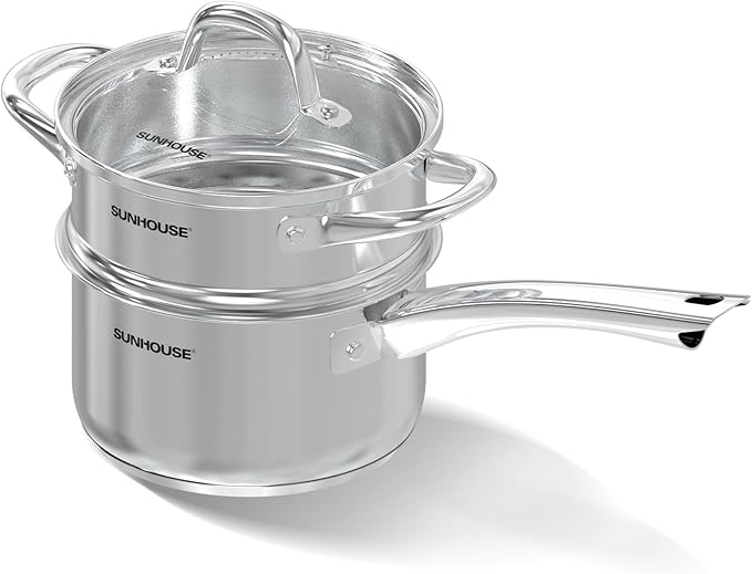 SUNHOUSE 2 Qt Stainless Steel Saucepan with Steamer and Lid - Steamer for Cooking, Kitchen Induction Cooking Pot with Vegetable Food Steamer Basket with Stay-Cool Handle