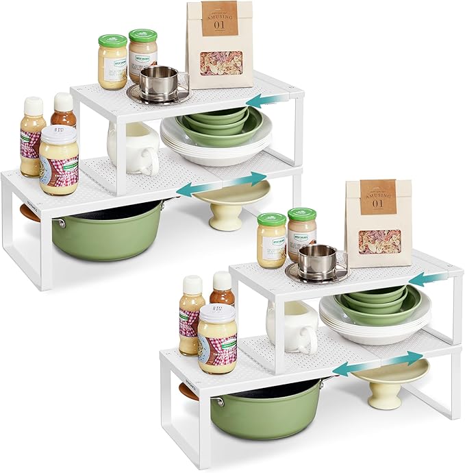 SONGMICS Spice Racks, Set of 4 Expandable Kitchen Countertop Shelves, Small Cupboard Organizers, Metal, Space-Saving Tabletop Shelves, Matte White UKCS404WC01