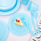 KIRE 150 Piece Blue Plastic Plates Disposable - Blue Dinnerware Set Includes 25 Dinner Plates, 25 Salad Plates, 25 Utensils Set 25 Clear Cups for Birthday/Picnic/Baby Shower/Easter/Spring