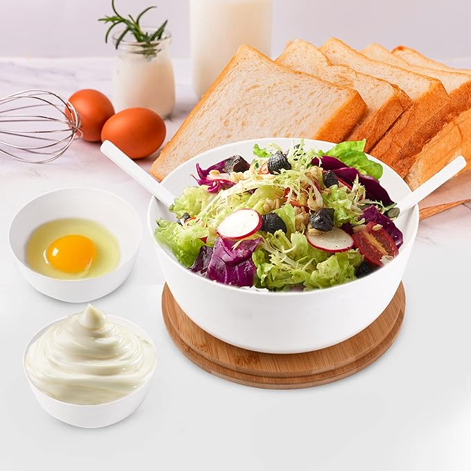 ECOWAY Bamboo Fiber Salad Bowl Set with Lid & Servers, 4Qt Large Serving Bowl with Bamboo Lid, 130OZ Mixing Bowl with Spoon Fork for Salad Fruits Vegetables and Pasta (White, 9.8inch)