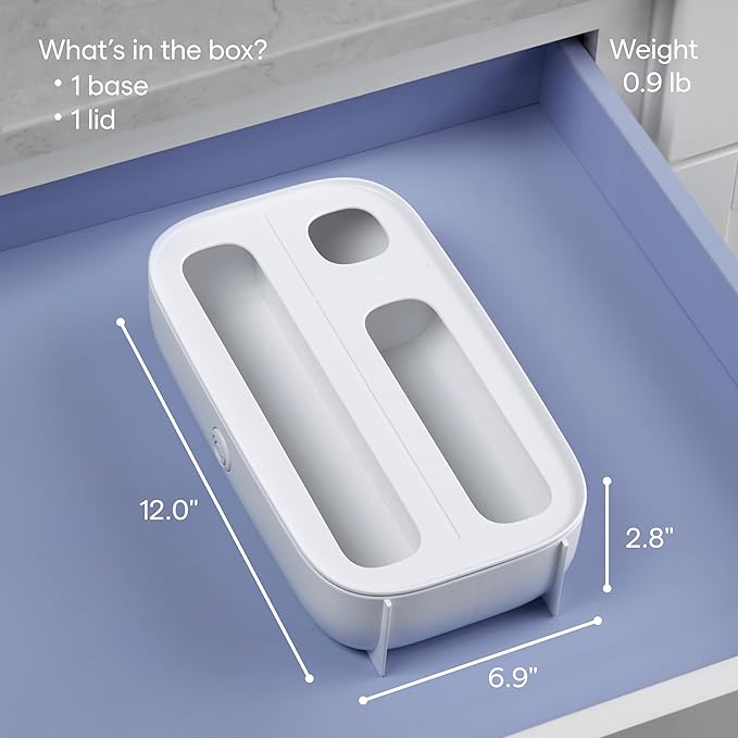 YouCopia StoraBag Drawer Food Bags Dispenser, 3-Slot, Plastic Sandwich Bag Organizer For Kitchen Storage, White