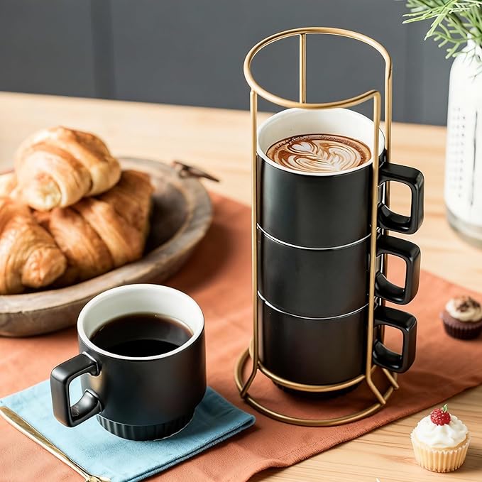 Miamolo Stackable Coffee Mugs with Stand, 11oz Ceramic Latte Cup Set of 4 for Espresso Cappuccino Tea Hot Cocoa, Dishwasher & Microwave Safe, Black