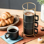 Miamolo Stackable Coffee Mugs with Stand, 11oz Ceramic Latte Cup Set of 4 for Espresso Cappuccino Tea Hot Cocoa, Dishwasher & Microwave Safe, Black
