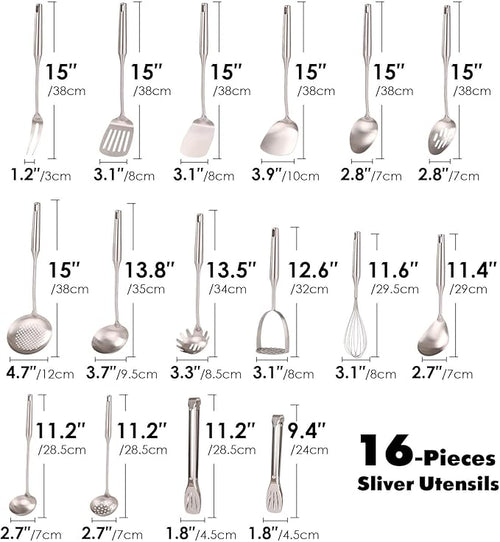 18/10 Stainless Steel Cooking Utensils Set - 16 PCS All Metal Small & Large Kitchen Spoons, Serving Utensils - Whisk, Masher, Fork, Tongs, Solid/Slotted Spoon, Spatula, Turner, Ladle, Skimmer, Pasta