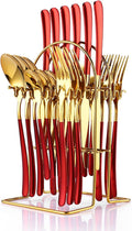 Caliamary 24 Pieces Silverware Set, Stainless Steel Flatware Set with Silverware Holder Spoons Forks Knives Set,Utensils Set Service for 6,Cutlery Set for Kitchen (Red), 9.6inch