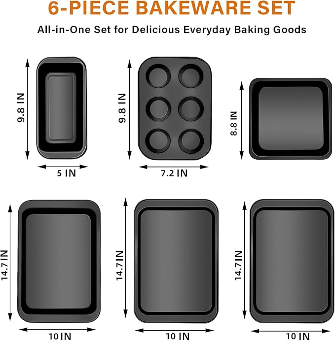 6-Piece Carbon Steel Bakeware Set, Nonstick Baking Pans with Cookie Sheet, Deep Roaster, Square Pan, Loaf Pan, Muffin Pan for Cooking,Baking Pans Set (black)