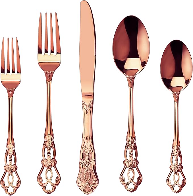 Runfly Gorgeous Retro Royal Rose Gold/Copper Stainless Steel 20 Pieces Flatware Set, Silverware Set, Anti-rust Stainless Steel Gold Cutlery Set Utensils Including Fork Spoon and Knife