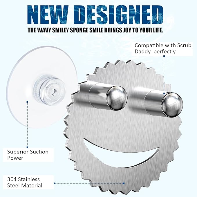 Stainless Steel Scrubber Smiley Face Dish Sponge Holder, Silver Sink Caddy Organizer Storage with Suction Cup for Kitchen, Rv Apartment Kitchen Accessories Decor