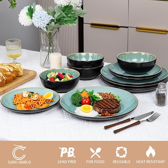 Plates and Bowls Sets for 4 - CJDC-QUELO 12-Piece Stoneware Dinnerware Sets, Ceramic Dishware Set for Kitchen Use and Formal Dining, Chip and Scratch Resistant Microwave Dishwasher Safe, Green