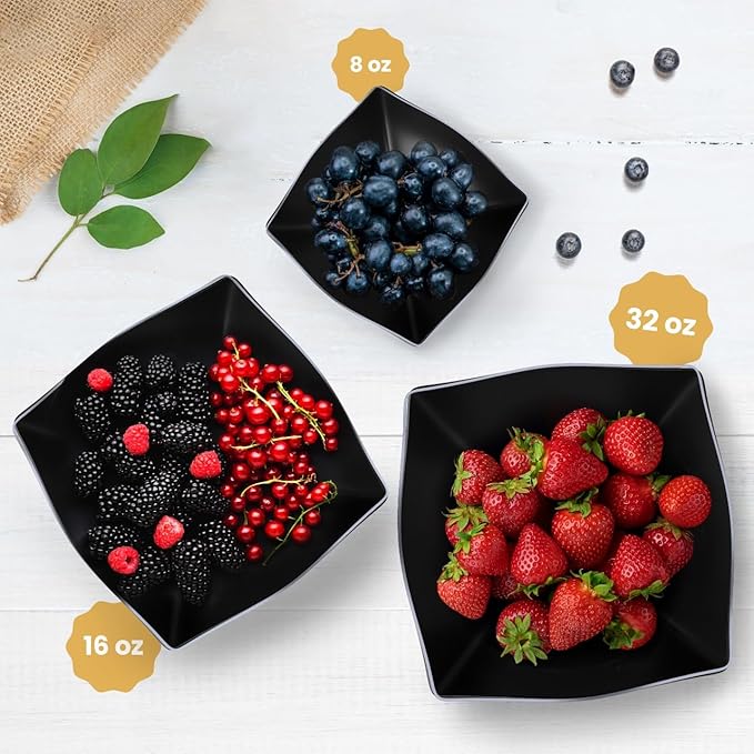 R-kay 6 Pack Black Square Plastic Serving Bowls - Black Plastic bowls 16 Oz - Disposable Serving Bowls - Premium Bowls Disposable Heavy Duty For Weddings Catering And Birthday parties