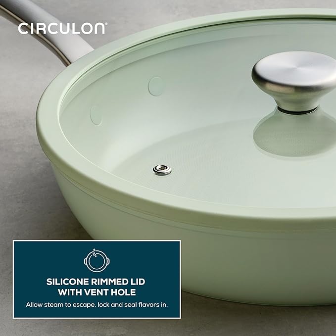 Circulon Halo with LaserDefense Ceramic Nonstick Frying Pan with Helper Handle and Lid, Made Without PFAS, Compatible with All Stovetops, Dishwasher and Oven Safe, 12 Inch Skillet - Sage