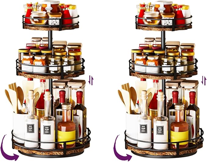 Heavy-Duty 3-Tier Lazy Susan Organizer, Adjustable to Different Heights, Countertop Spice Rack, Upgraded Thickened Wooden Board, Suitable for Seasoning Organizer, Kitchen Organization