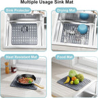 iSPECLE Expandable Dish Drying Rack with Silicone Sink Protector for Kitchen Sink - Heavy Duty Adjustable Over The Sink Dish Drainer, Rust Resistant, Fit for Modern Single & Double Sinks, Black