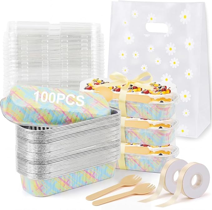 Hushee 100 Pack 6.8oz Easter Mini Loaf Pans with Lids Disposable Cross Cake Tins with Daisy Gift Bags Forks Ribbon Aluminum Foil Baking Pans Christian Bread Mold for Cupcake Picnics Baking Party Gift