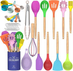 Umite Chef Kitchen Cooking Utensils Set, 33 pcs Non-stick Silicone Cooking Kitchen Utensils Spatula Set with Holder, Wooden Handle Silicone Kitchen Gadgets Utensil Set (Colorful)