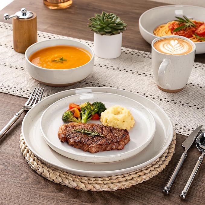 GBHOME 24-Piece Ceramic Dinnerware Set for 6, Handpainted Plates, Pasta Bowls & Bowls Set with Rustic Terracotta Underside, Scratch-Resistant, Dishwasher & Microwave Safe,Speckled Glaze Beige