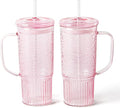 GOSCHE Glass Cups with Lids and Straws, 24oz Glass Tumbler with Straw and Lid, Iced Coffee Cups with Handle for Smoothie Juice Water Tea, Pink, 2 Pack