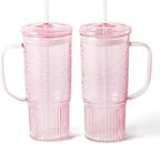GOSCHE Glass Cups with Lids and Straws, 24oz Glass Tumbler with Straw and Lid, Iced Coffee Cups with Handle for Smoothie Juice Water Tea, Pink, 2 Pack