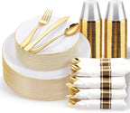 KIRE 175PCS Gold Plates Disposable - Heavy Duty White and Gold Plastic Plates Dinnerware Sets - 25 for Dinner 25 for Dessert 25 Pre Rolled Napkins and 25 Cups for Birthday/Ramadan/Wedding/Mother's Day