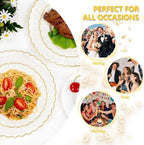 YOUBET 175PCS Ivory Scalloped Plastic Plates - Gold Disposable Dinnerware Set Include 50 Plates, 75 Gold Silverware, 25 Cups, 25 Napkins for Party & Wedding
