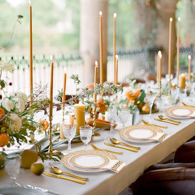 Bestluck 700PCS Gold Plastic Dinnerware Set for 100 Guests, Disposable Plates for Party, Include 100 Gold Dinner Plates, 100 Dessert Plates, 100 Set Silverware, 100 Cups, 100 Napkins