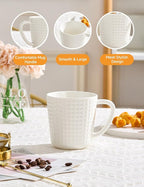 Ceramic Coffee Mugs Set of 4, 14oz White Coffee Cups with Embossed Grid Texture, Modern Minimalist Coffee Mug for Latte Cappuccino Tea Cocoa, Dishwasher & Microwave Safe, Ideal Housewarming Gift