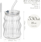 KEMORELA 6PCS Vintage Ribbed Glass Cups – 18oz Wavy Design with Lids & Straws, Clear Bubble Aesthetic for Iced Coffee & Drinks