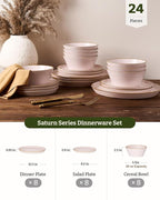 Famiware Saturn Stoneware Dinnerware Sets for 8 (24 Pieces), Ceramic Plates and Bowls Dish Sets with Hand-Painted Trim - Chip & Scratch Resistant, Microwave & Dishwasher Safe Tableware, Light Pink