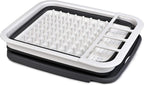 Masirs Pop-Up Collapsible Dish Drying Rack: Convenient Storage, Drains into Sink, Eight Large Plate Capacity, Sectional Cutlery and Utensil Compartment. Compact and Portable Design.