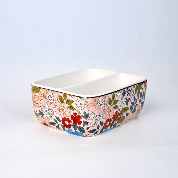 2 Compartments Ceramic Sponge Holder for Kitchen Sink, Cute Floral Countertop Dish Sponges Holder Soap Sink Organizer Farmhouse Caddy (Vintage Pink)